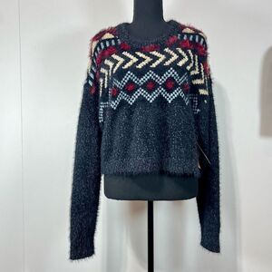 New Frye Semi-Cropped Textured Fuzzy Nordic Sweater Sz L Women’s Navy Super Soft